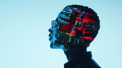 Double Exposure Portrait of Young Man with Cityscape Overlay, Representing Technology and Innovation in Modern Digital Art