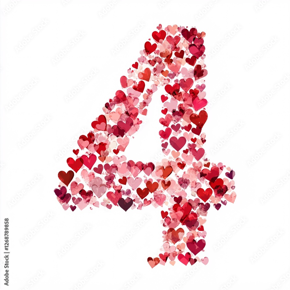 Poster the letter '4' designed with delicate heart patterns in shades of red and pink, blending seamlessly 