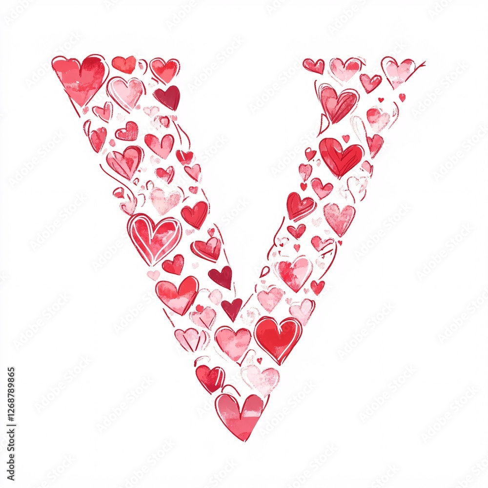 Poster the letter 'v' designed with delicate heart patterns in shades of red and pink, blending seamlessly 