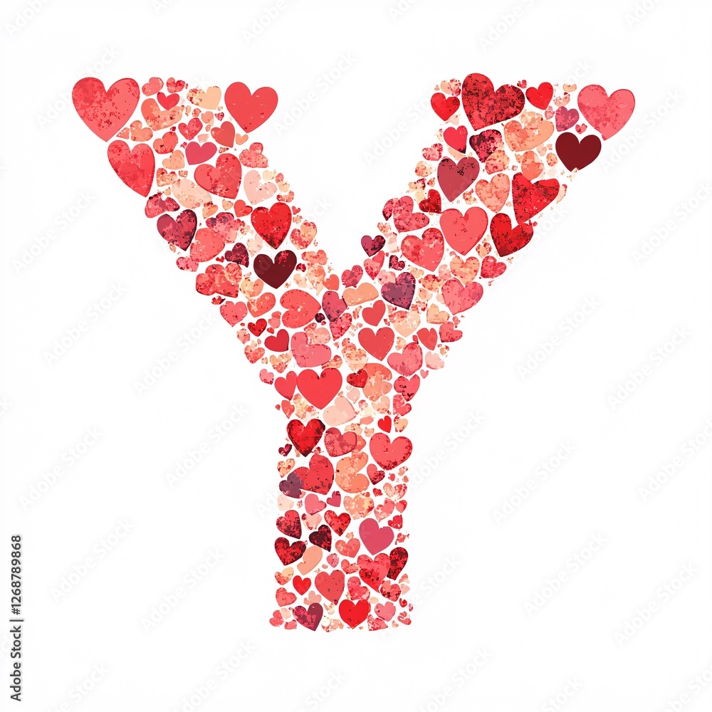 Poster the letter 'y' designed with delicate heart patterns in shades of red and pink, blending seamlessly 