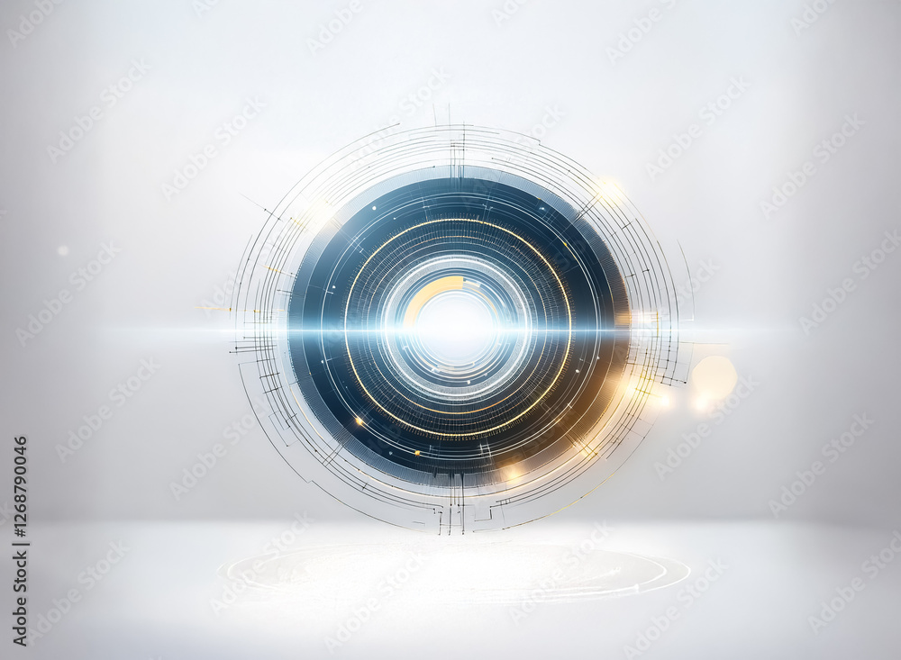 Poster futuristic circular design with layers of blue and gold elements. bright light emanates from the cen