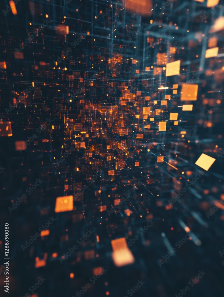 Poster vibrant digital landscape with floating orange cubes against a dark background at night. generative 