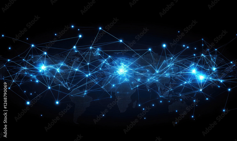 Poster global network connections illuminating the world map with bright blue nodes and lines