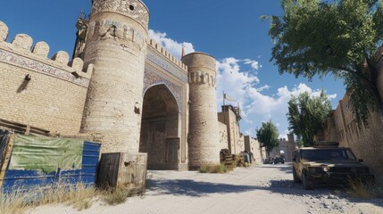 Desert fortress gate, soldiers,  city street,  military vehicle