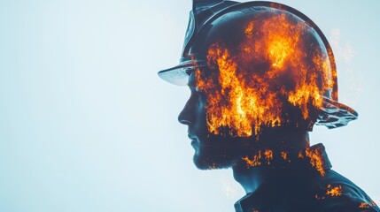Firefighter silhouette with flames concept, emergency services imagery, brave rescue, fire safety, fireman helmet, powerful visual symbol of courage