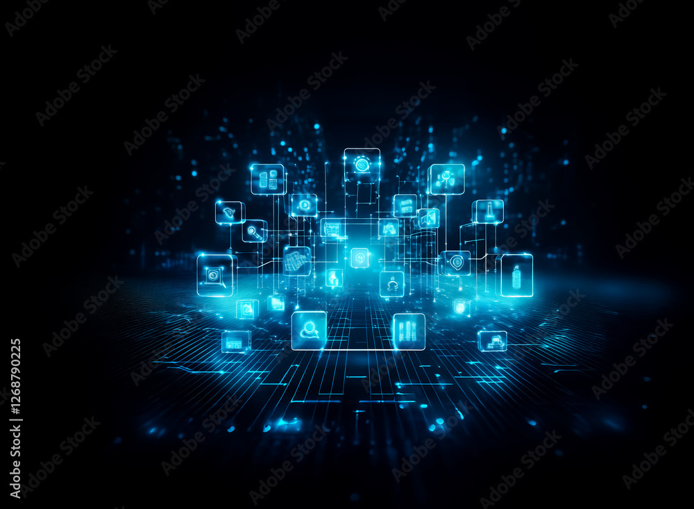 Poster abstract digital network with glowing blue icons and lines on a dark background. suggests data flow,