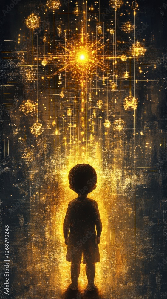 Aufkleber child illuminated by a bright celestial glow in a dark mystical setting