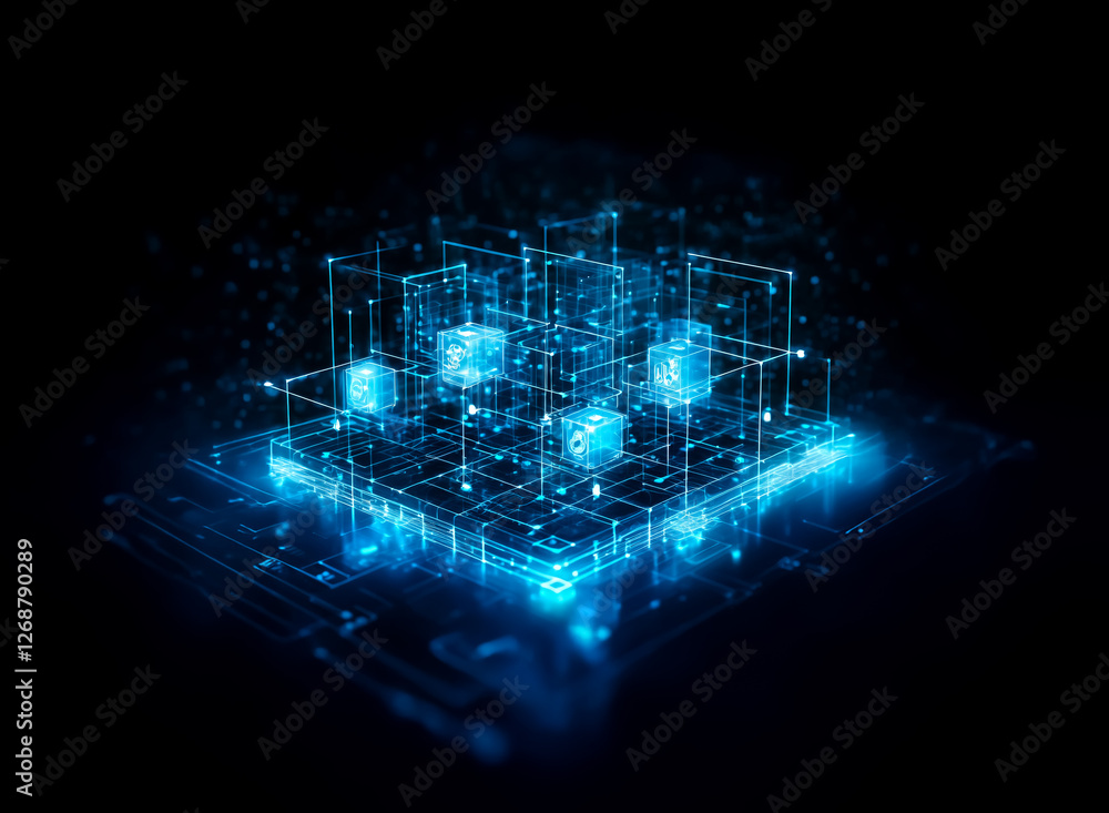 Poster abstract glowing blue cube structure with interconnected lines on a black backdrop. futuristic digit
