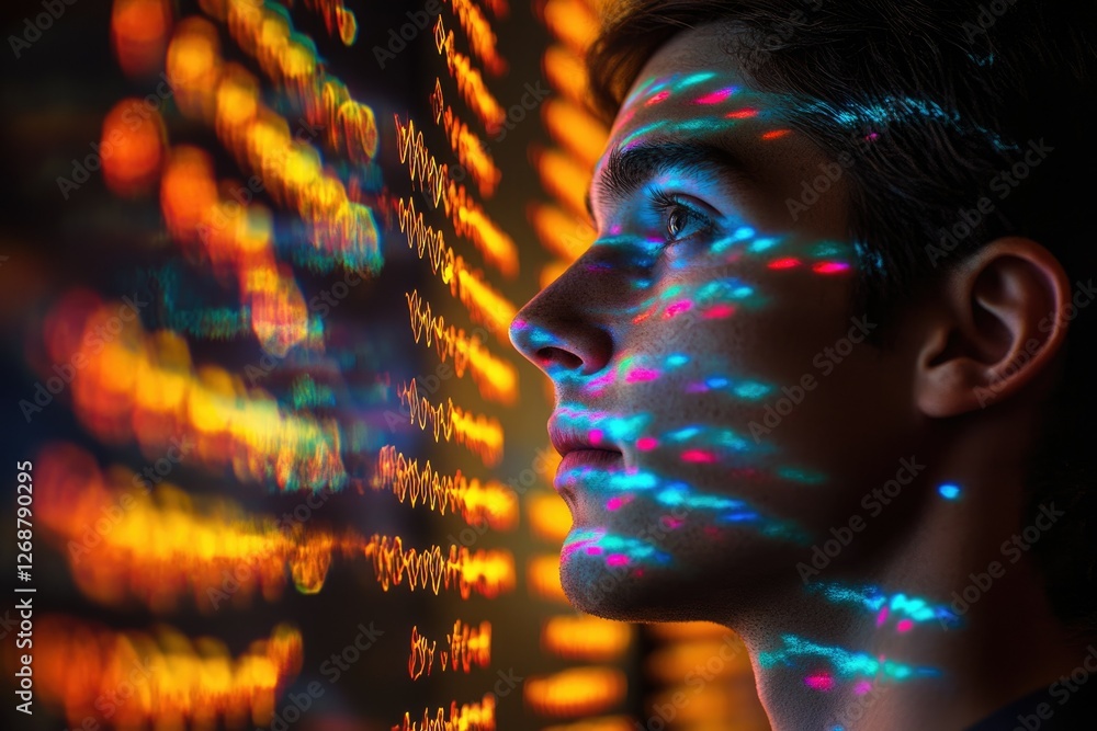 Poster young man's face illuminated by colorful data streams, symbolizing technological connection and the 