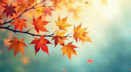 Autumnal Branch with Vibrant Maple Leaves Gently Swaying in a Soft Breeze, Embracing the Golden Hues of the Season
