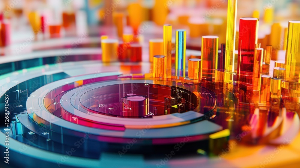 Poster visualization of investment trends represented with colorful data structures in an abstract format