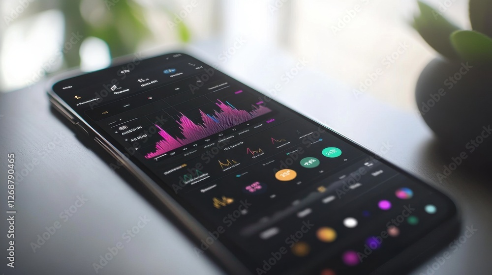 Poster modern investment tools displayed on a smartphone with interactive financial data and colorful chart