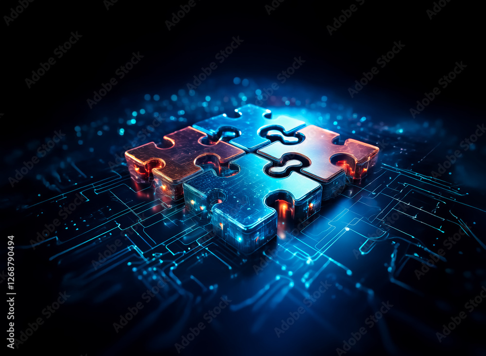 Poster interconnected puzzle pieces in blue and orange hues rest on a circuit pattern, symbolizing technolo
