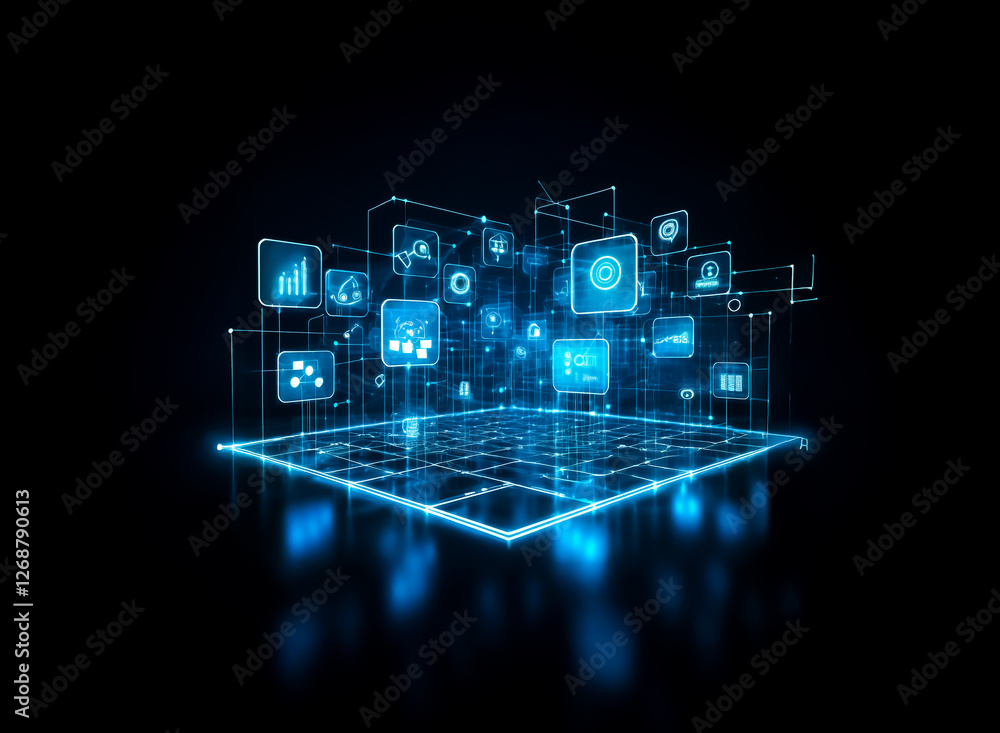 Poster a glowing blue digital network grid with interconnected squares and icons, symbolizing modern techno