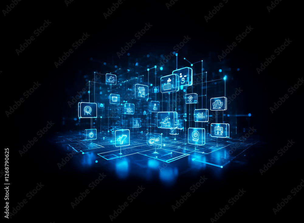 Poster a glowing blue digital network visualization with interconnected computers and icons against a dark 