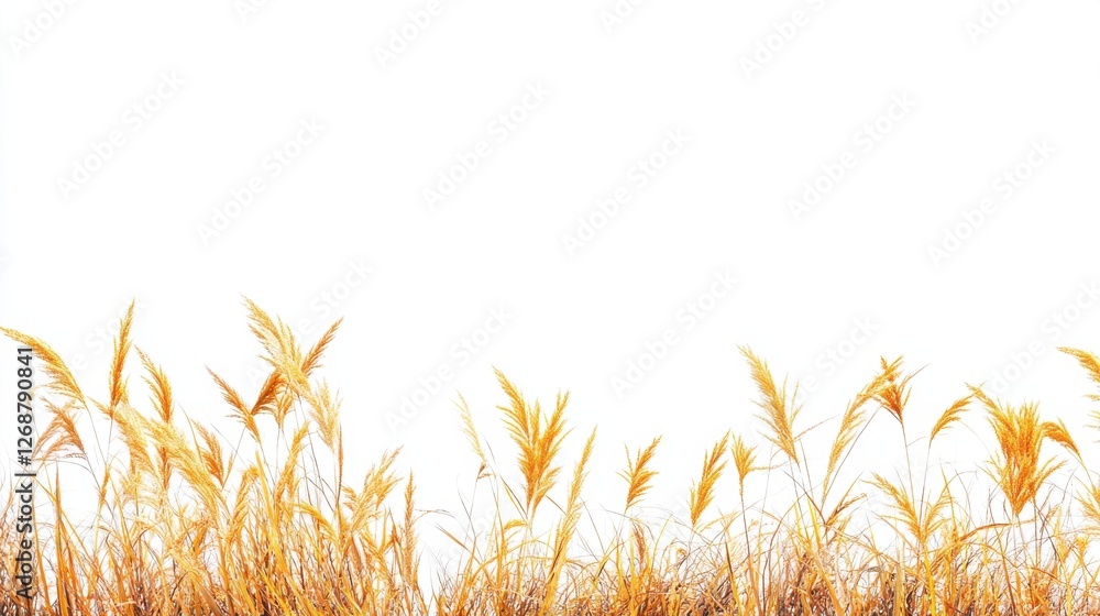 Poster golden yellow grass blades create a vibrant border against a white background in a serene natural se