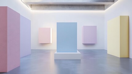 A contemporary art gallery featuring pastel-colored geometric shapes displayed on minimalist walls, creating a serene and captivating ambiance that invites exploration and contempl