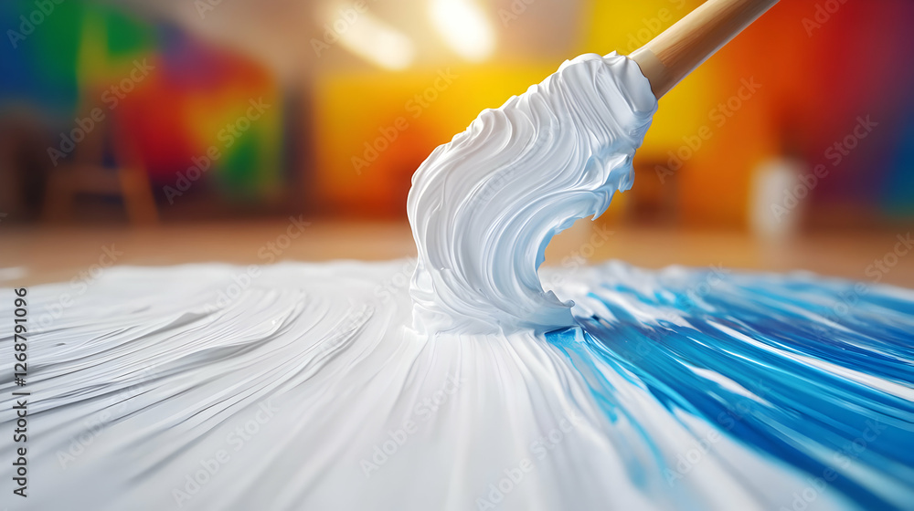 Poster close-up of paint mixing on a palette with vibrant colors in an artistic studio setting.