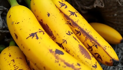 Close up of ripe bananas with brown spots on peel