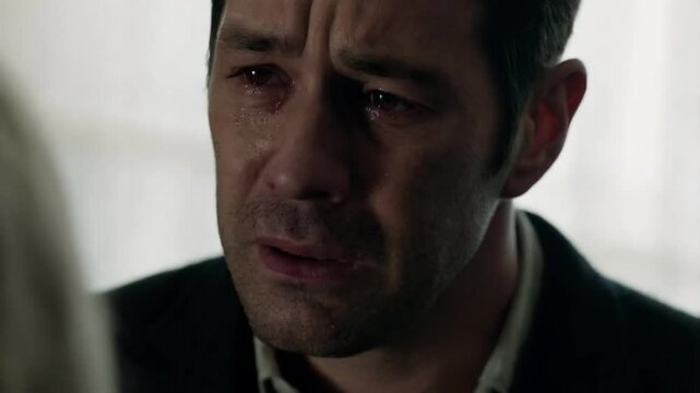 Close-up of the guilty man's face. His face expresses regret and remorse.