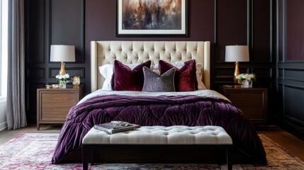 Elegant bedroom featuring a tufted headboard with rich dark wood accents and luxurious bedding