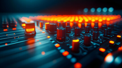 Close-up view of a modern audio mixer with illuminated knobs and sliders.