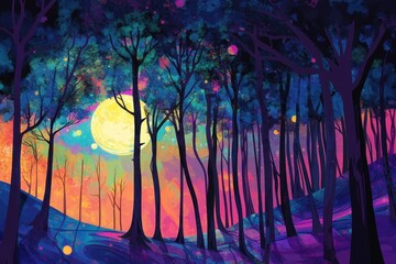Colorful dreamy forest with a glowing full moon background