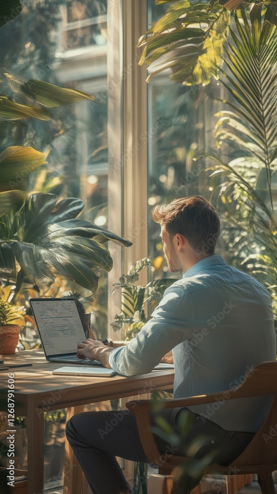 Aufkleber relaxed man working in a sunlit space surrounded by lush greenery in a tranquil setting