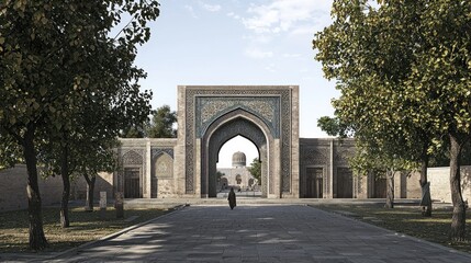 Central Asian Mosque Gateway, Empty Pathway, Person Walking, Lush Trees