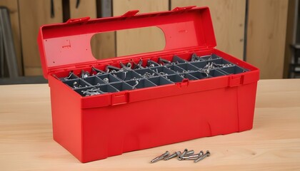 Red tool box with square compartments with screws and dowels