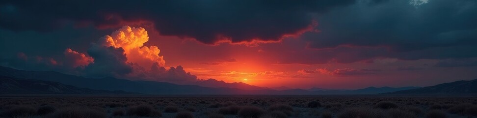 Desolate landscape with orange-hued clouds against a dark sky, dark background, nature