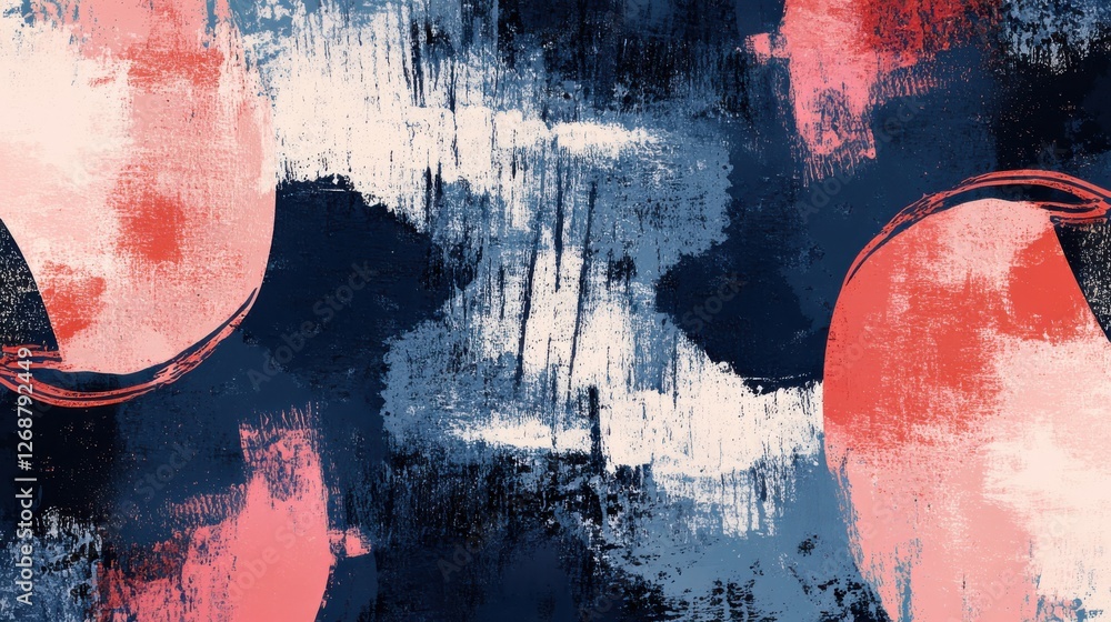 Poster textured abstract patterns showcase a fusion of navy blue, coral, and white colors in a dynamic arti