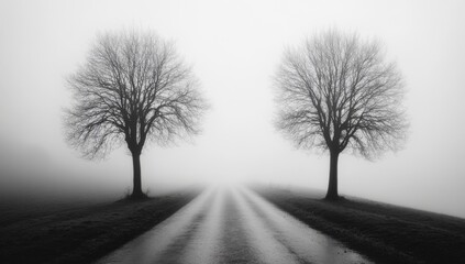 Foggy road, twin trees, rural landscape, misty morning, travel
