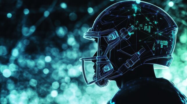 Football player silhouette with digital helmet technology in futuristic neon colors, representing sports innovation and data analysis in athletics.