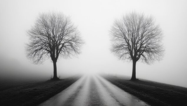 Foggy road, twin trees, rural landscape, misty morning, travel