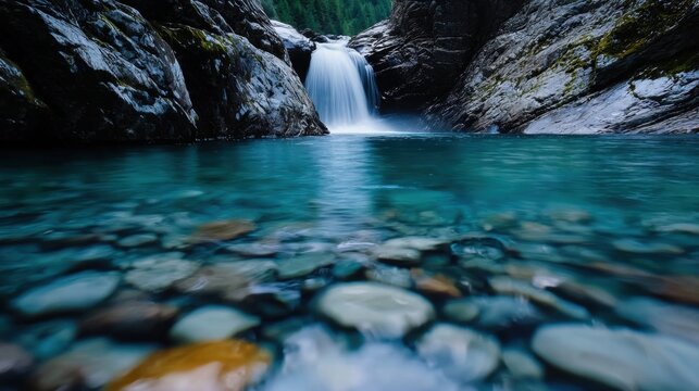 A waterfall cascades down a rocky cliff into a serene pool, surrounded by a rugged landscape.