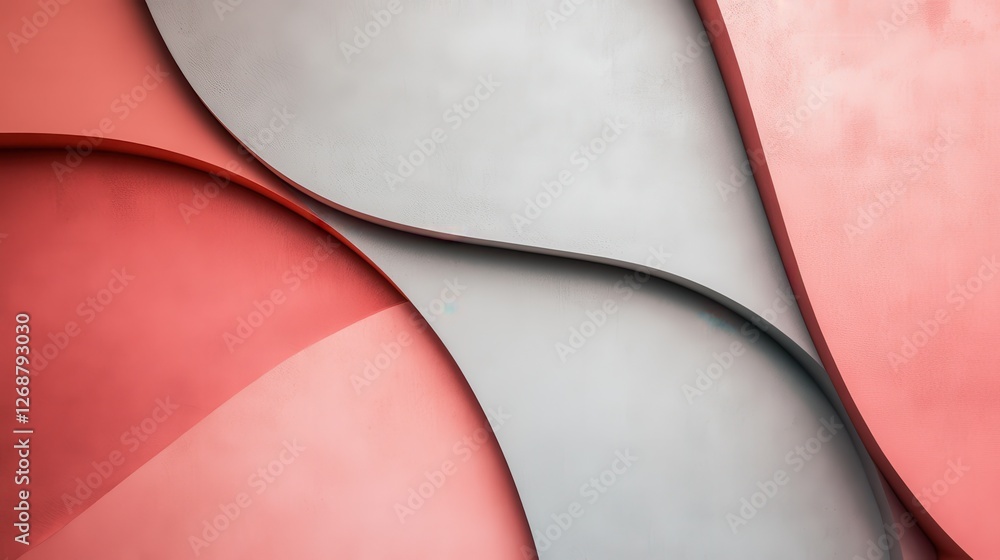 Poster muted coral and gray arcs create a fluid composition in a contemporary design setting