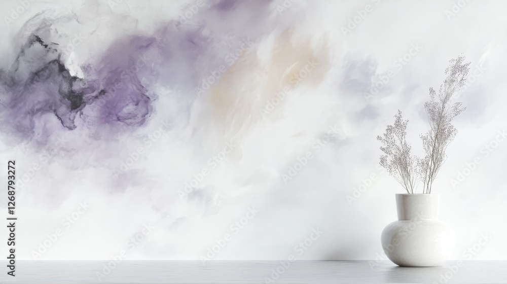 Poster soft hues create a calming atmosphere with minimalist decor and dried flowers in a simple vase on a 