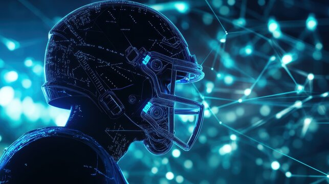 Football player silhouette with digital helmet technology against abstract blue background, showcasing sports innovation and data analytics in sports.