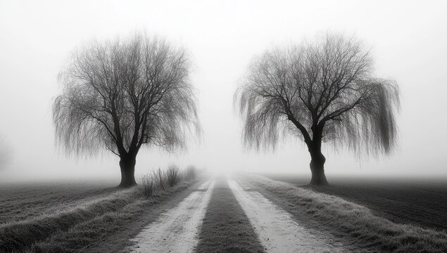 Foggy road, twin willows, rural landscape, winter - Powered by Adobe