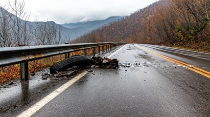 Accident Damaged Barrier Concept, Crumpled Tire Debris on Wet Road with Guardrail and Mountain Landscape in Background