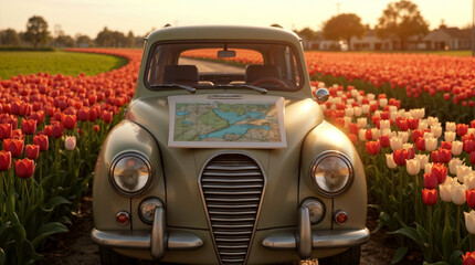 Vintage car parked by a field of tulips, open map on the hood