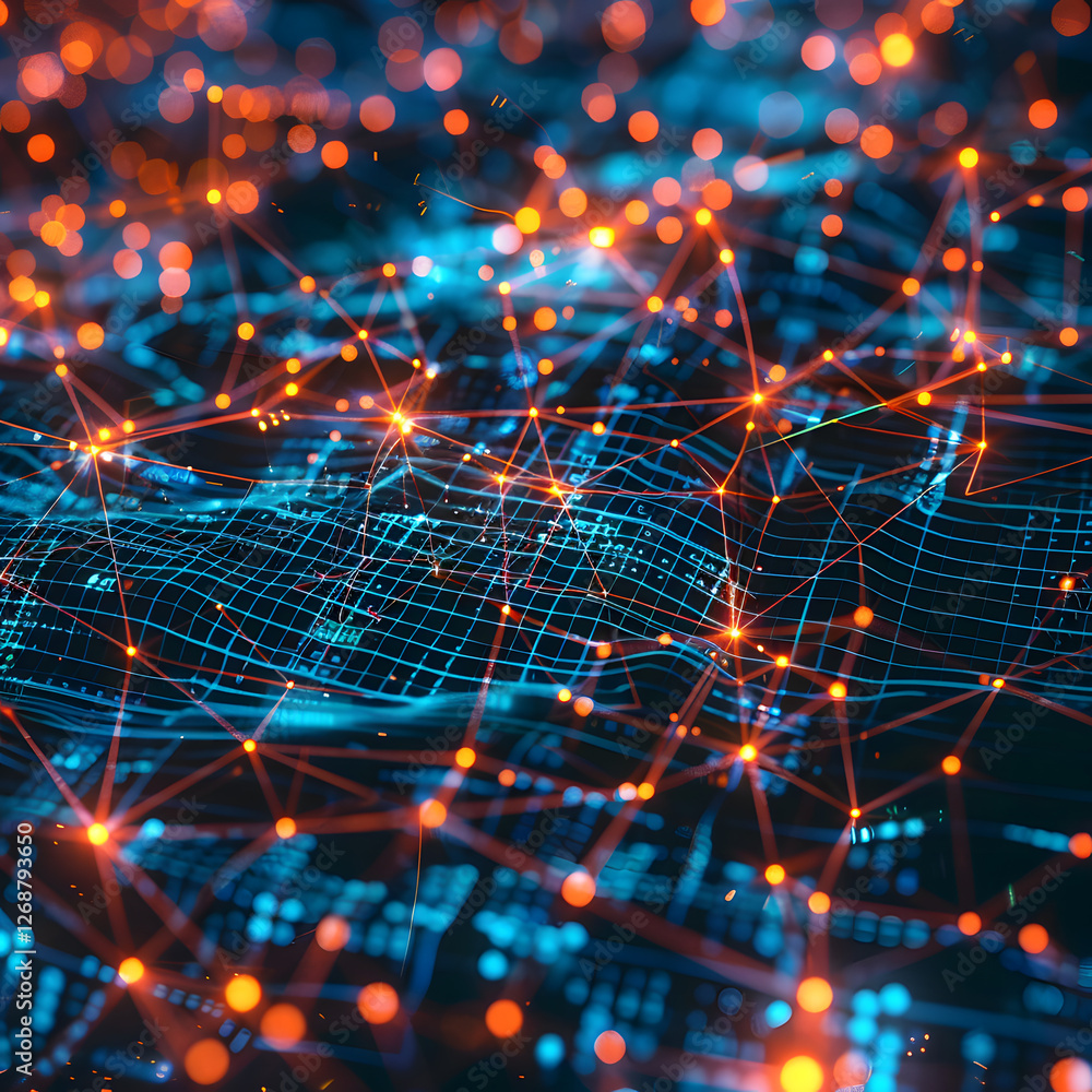 Aufkleber Abstract 3d render of a digital network with glowing nodes and interconnected lines on blue background