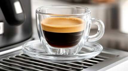 Espresso in Double-Walled Glass Cup on Metal Surface