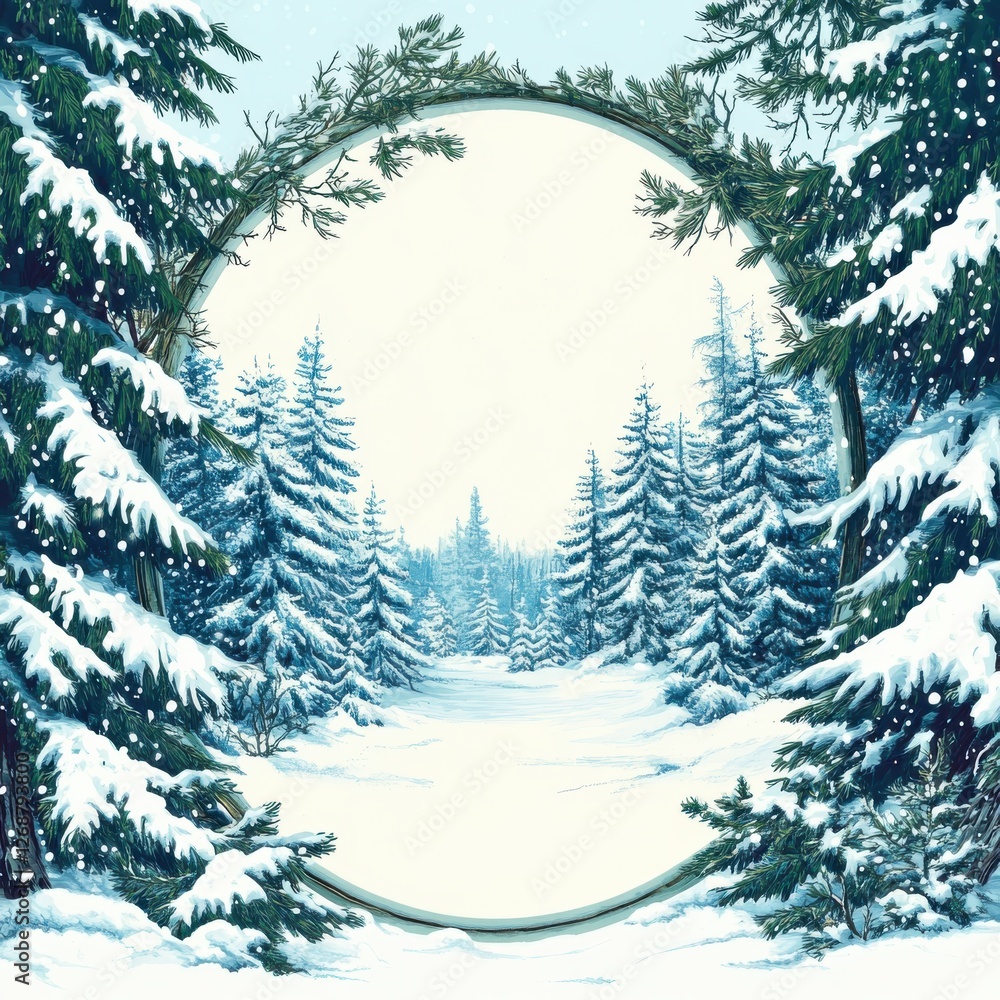 Poster snowy forest landscape with towering pine trees under a gentle snowfall creating a winter wonderland