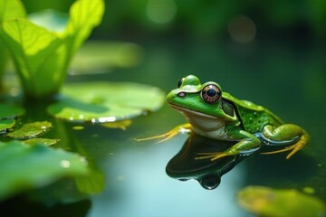 Obraz premium A vibrant green amphibian, with striking golden eyes, peacefully rests on a tranquil aquatic plant, its reflection mirroring its serene beauty in the still water