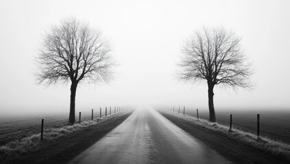 Foggy road, trees framing path, rural landscape, winter
