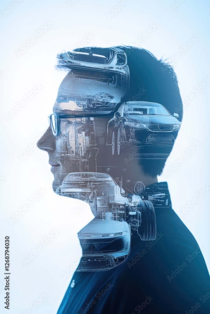 Poster human and technology integration concept with car elements in double exposure visualizing future mob