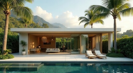 Fototapeta premium Serene Tropical Oasis Modern Architectural Design Featuring a Private Pool and Luxurious Indoor-Outdoor Living Space