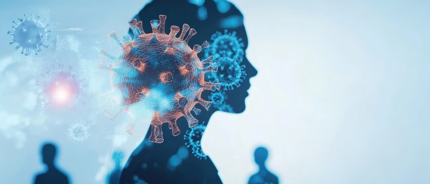 Human brain and virus concept illustrating mental health impact of COVID-19, with silhouettes and digital graphics on health and disease awareness.